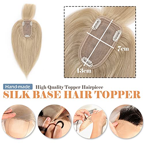 Hairro Human Hair Toppers With Bangs Clip In Remy Topper Hairpiece For Women Clip On Toupee Wispy Air Bang Middle Part With Thinning Hair Loss 12 Inch 38g #24 Natural Blonde