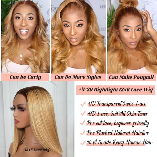 13x6 Ombre Blonde Lace Front Wigs Human Hair,HD Transparent Brown to Ash Blonde Straight Lace Frotal Human Hair Wig with Brown Roots Pre Plucked Bleached Knots Brazilian Virgin Human Hair Wig