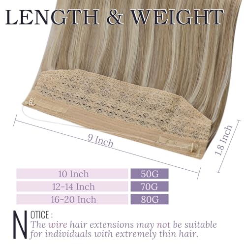 Fshine Invisible Wire Hair Extensions 16 Inch Golden Blonde Highlight Light Blonde Secret Hairpiece Adjustable Fish Line Wire Extensions Clip ins Straight Remy Hair 80 G