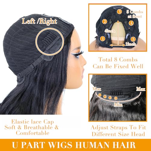 U Part Human Hair Wig Body Wave for Women Brazilian Remy Upart Human Hair Wig Beginner Friendly No Sew in NO Glue Half Wig 180% Density Natural Color 20Inch
