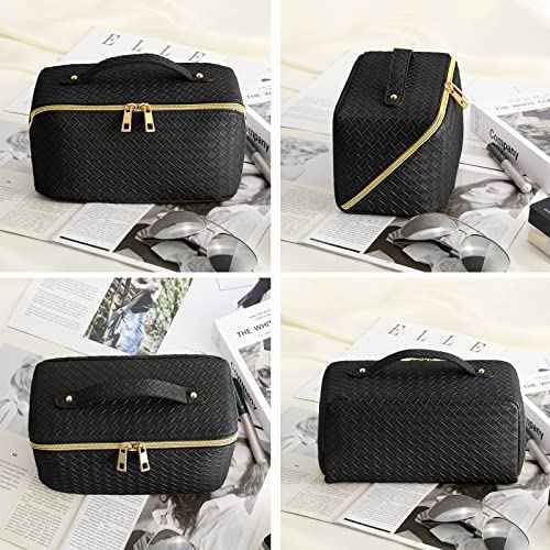Travel Makeup Bags Large Capacity Women Checkered Cosmetic Bag Portable PU Leather makeup Organizer Bag Open Flat for Easy Access(B-Blcack)