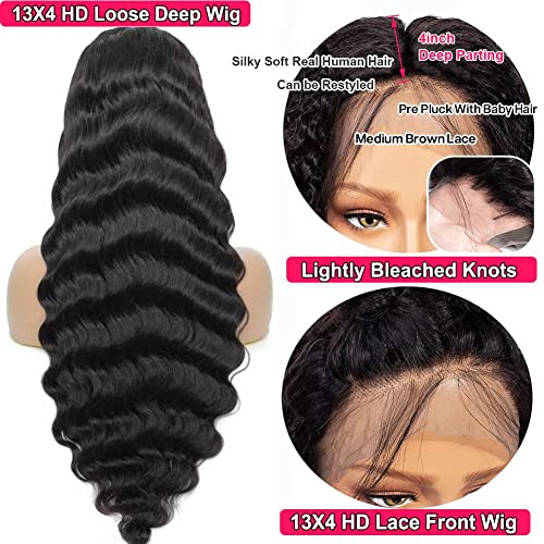 JIETAI 13x4 Loose Deep Wave Curly Lace Front Wig Pre Plucked with Baby Hair 180% Density Curly Human Hair Wigs 10A Wigs for Black Women Glueless Wig (22inch, Natural Color)