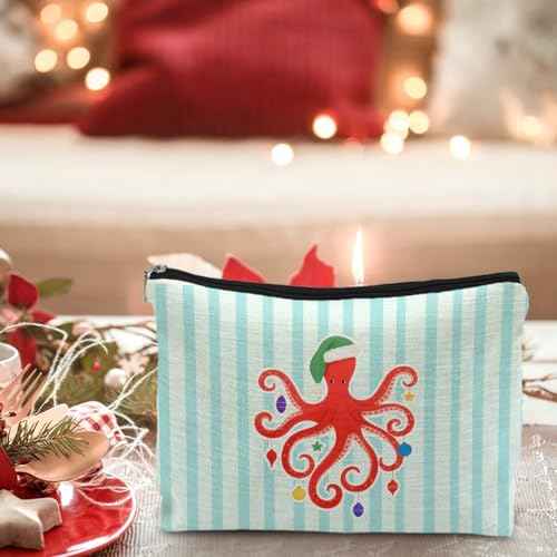 Beach Christmas Octopus Makeup Bag, Octopus Gifts for Women, Coastal Beachy Christmas Cosmetic Bags for Women, Xmas Ocean Sea Animal Striped Zipper Makeup Pouch Travel Toiletry Bag