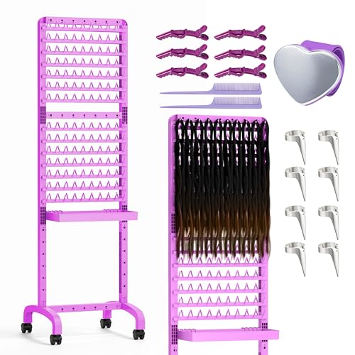 Braiding Hair Rack 280 Pegs with Tray and Braid Tools, Mobile Braid Rack with Wheels, Height Adjustable, Standing Braider Rack Stand Separator Hair Extension Holder Hanger for Salon Home