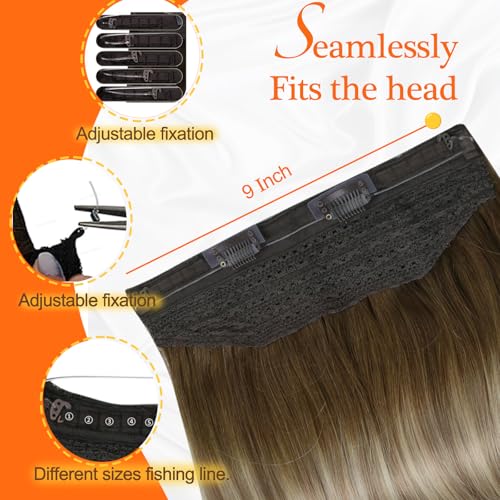 Full Shine Wire Hair Extensions Real Human Hair Balayage Walnut Brown to Light Brown Mix Light Blonde Invisible Wire Hair Extensions Natural Straight Hairpiece Remy Human Hair Extensions 18 Inch 80g