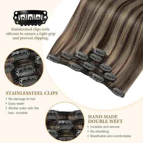 Remy Hair Extensions Clip in Human hair Chocolate Brown To Caramel Blonde Brazilian Clip on Real Human Hair Extensions Natural Straight Clip ins Hair for Women 16 Inch 60G 5 PCS Invisible Double Weft