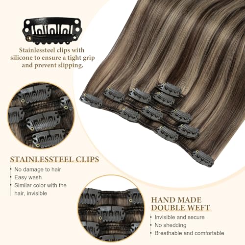 Hair Extensions Clip in Remy Human Hair for Woman Chocolate Brown To Caramel Blonde Invisible Double Weft Straight Clip ins Hair Brazilian 20 Inch 60G 5 PCS Clip on Real Human Hair Extensions