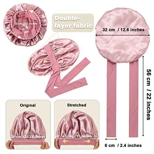 Satin Bonnet for Women - Tie Band Hair Bonnet Large 2 Layered Silk Sleeping Cap Nightcap with 3PCS Hair Scrunchies (Dust Rose)