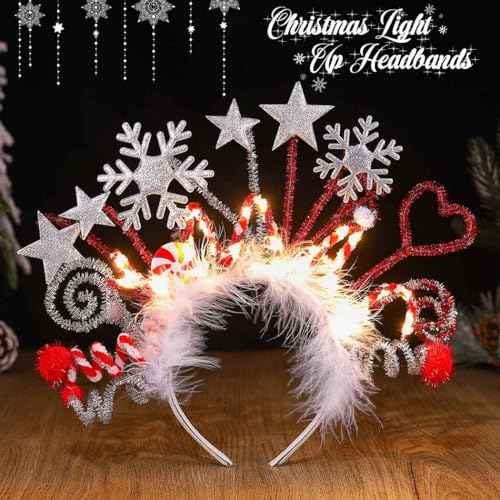 CASDRE Christmas Light up Headband Red White Xmas Candy Hair Hoop Stars Snowflake Sparkly Hair Accessories for Women and Girls