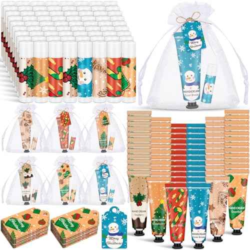 Loopeer 72 Sets/288 Pcs Christmas Hand Cream and Lip Balm Gift Set for Women Bulk Mini Hand Lotion Travel Size for Dry Skin Stocking Stuffers with Greeting Card Organza Bags for Coworker Employee