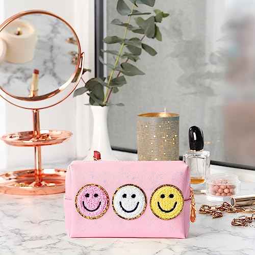 Preppy Smile Cosmetic Toiletry Bag - Pink Patch Varsity Makeup Bag with Zipper Aesthetic Waterproof Portable PU Leather Spring Travel Office Birthday Party Gifts for Women Teens