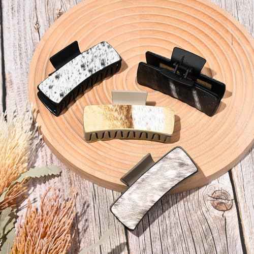 DEEKA 4 Pack Large Western Hair Clips Artificial Leather Cowhide Pattern Hair Claw Clips 4" Cowgirl Black Brown Hair Clips Set for Thick Hair Western Accessories Gifts for Women and Girls