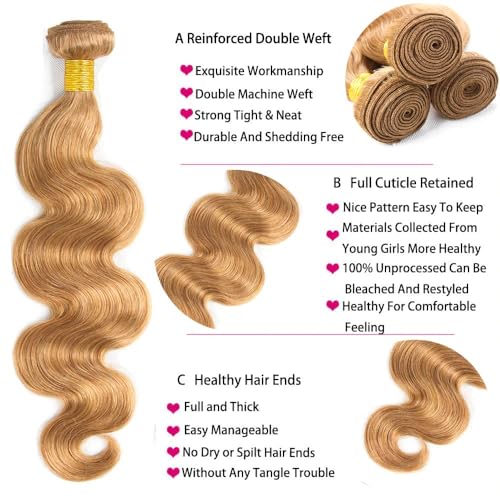 Honey Blonde Color 27 Human Hair Bundles 18 20 22 Inch Body Wave Bundles Human Hair 12A Raw Unprocessed Virgin Quick Weave Hair for Black Women Honey Blonde