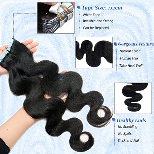 Licoville Body Wave Tape in Hair Extensions, Upgraded 100G 40PCS Body Wave Human Hair Tape ins for Black Women Skin Weft Soft Natural Black Curly Tape in Extensions Real Human Hair 18 Inch