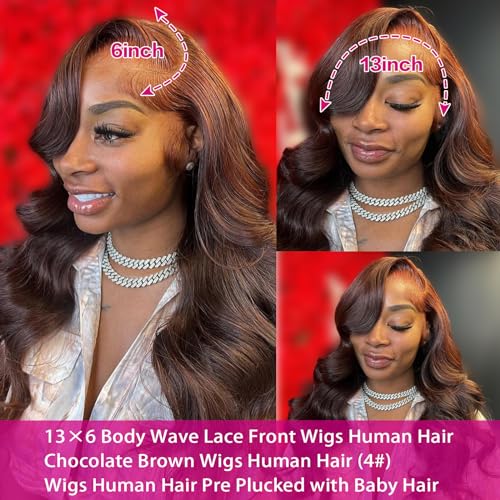 Chocolate Brown 13¡¿6 Body Wave Lace Front Wigs Human Hair 16Inch 180% Density HD Lace Frontal Wigs Human Hair Pre Plucked with Baby Hair Colored Wigs for Women