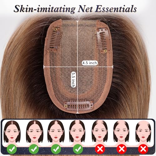 starluck Hair Toppers for Women Real Human Hair with Bangs 4.5"*5.5"Large Base 10 Inch 100% Real Human HairToppers for Women with ThinningHair(ombre Light Brown)