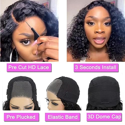 Wear and Go Glueless Wigs Human Hair Pre Plucked Pre Cut 4x4 Lace Front Wigs for Black Women Glueless Water Wave 180 Density Curly Bob Wig Human Hair for Beginners(16 Inch)