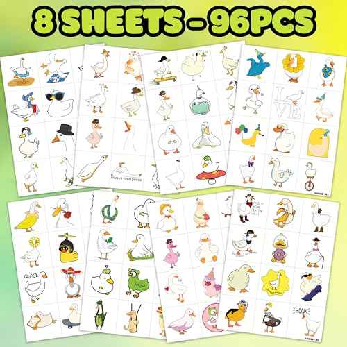 Duck Pre-Cut Temporary Tattoos 8 Sheets 96 PCS Silly Goose Party Decorations Supplies Favors Geese Animals Theme Birthday Cute Stickers Christmas Gifts for Boys Girls Class School Carnival (Normal)