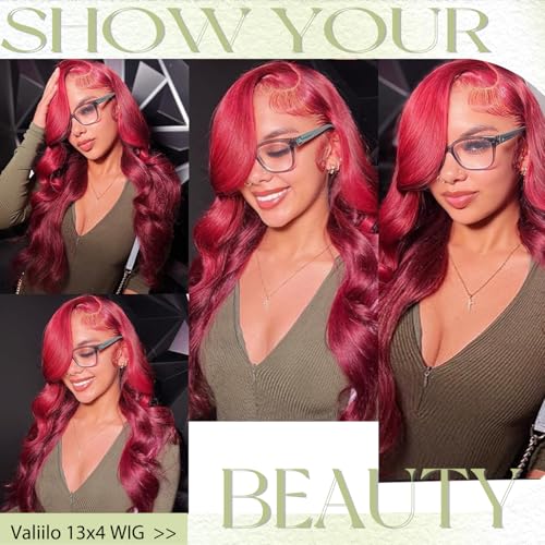 Burgundy Lace Front Wigs Human Hair 13x4 Body Wave 99j Burgundy Human Hair Wig with Free Part Pre Plucked HD Frontal 180 Density Glueless Colored Wig for Women 26 Inch