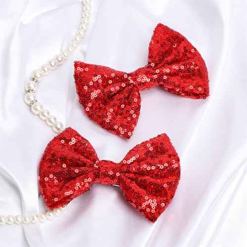 KISZU Large 5 Inch Glitter Hair Bows Clips, Sparkling Sequin Big Bow HairPins for Baby Girls Children Teens and Women (Red)