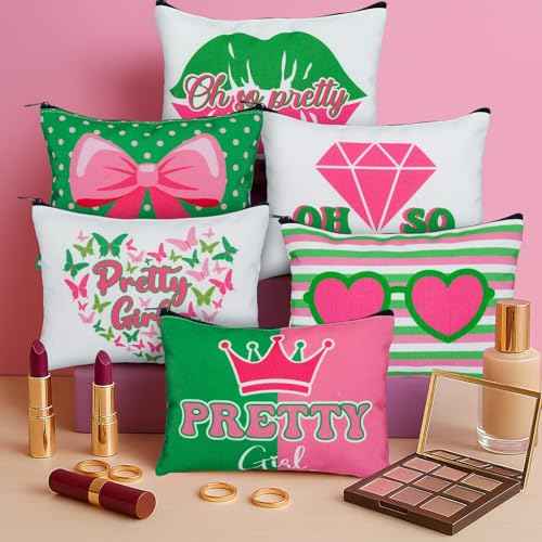 Reginary 12 Pcs Pink and Green Sister Makeup Bags Greek Sorority Cosmetic Bags Pretty Girl Zipper Pouches Black Sorority Gifts for Women Christmas Birthday