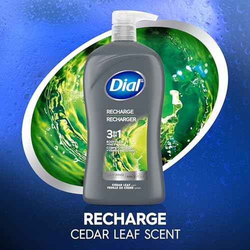 Dial Men 3 in 1 Body, Hair and Face Wash, Recharge, 32 Fl Oz, Cedar Leaf Scent, Cleanses Deep + Gentle on Skin with Clean Rinse Technology