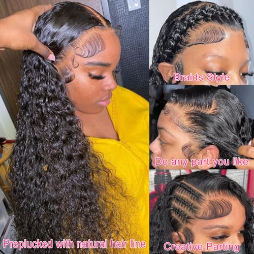 Deep Wave Lace Front Wigs Human Hair Pre Plucked 13x4 HD Transparent Lace Frontal Wigs Human Hair 180% Density Glueless 18 Inch Curly Wigs for Black Women Bleached Knots