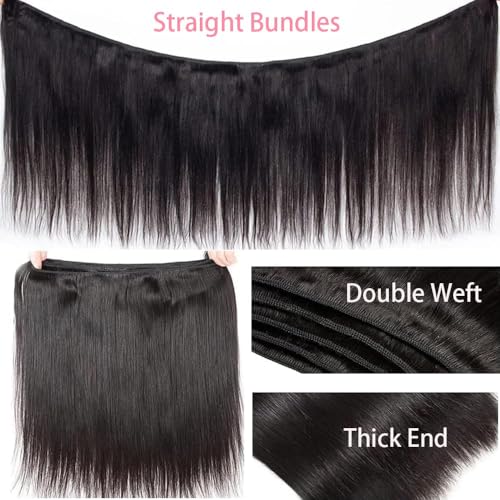 12A Straight Bundles Human Hair,Double Weft for Women 100% Unprocessed Brazilian Virgin Hair Extensions Natural Black 16 18 20 Inch 3 Bundles