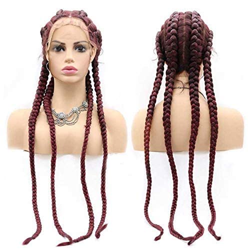 99J Red Braided Wigs for Black Women Long Straight Glueless Synthetic Lace Front Wigs Pre Plucked Hairline Knotless Box Braided Lace Front Wig with Baby Hair Heat Resistant Cosplay Drag Queen 30Inch