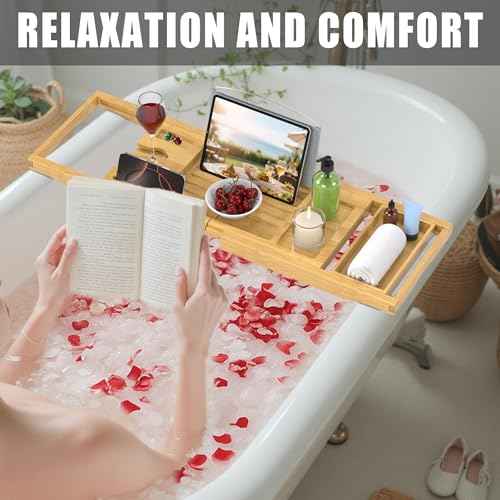 Foldable Bathtub Caddy Tray for Tub,Bamboo Expandable Bath Table Trays,Premium Bathroom Accessories for New Home & Mothers Day & Birthday Gifts for Couples,Natural