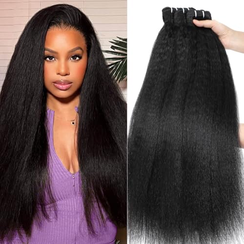 Kinky Straight Human Hair Bundles 16 18 20 Inch 12A 100% Unprocessed Brazilian Virgin Hair 3 Bundles Yaki Straight Bundles for Black Women Quick Weave Natural Black Color