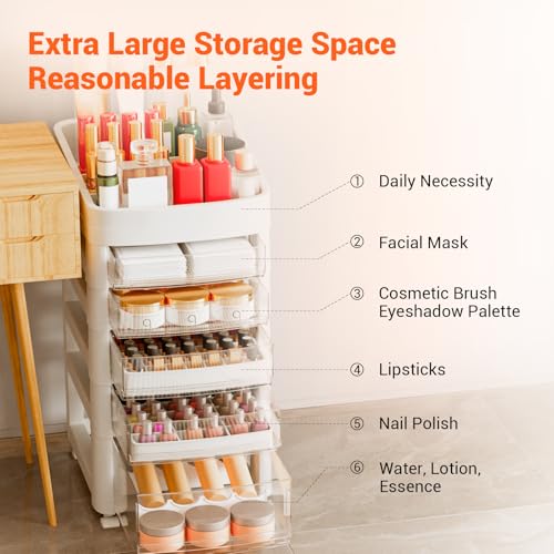 5 Tier Floor Makeup Organizer Storage with Detachable Compartments, Organized Arrangement, Transparent Standing Makeup Organizer, Makeup Storage Cart, No Complex Assembly