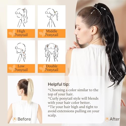 DOORES Human Hair Ponytail Extensions Natural Black 16 Inch 80g Clip in Hair Extensions Remy Hair Extensions Ponytail Straight Natural Wrap Around Ponytail with Magic Paste