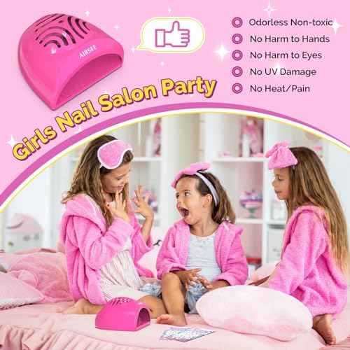AIRSEE Kids Nail Dryer, Portable Nail Dryer, Mini Nail Fan for Regular Nail Polish - Birthday, Christmas, Party Gift for Grils, Battery Operated, DIY nail art, No Harmful, Two stickers included (Pink)