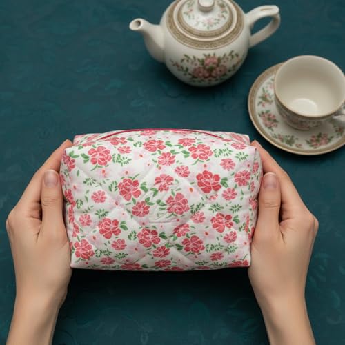 24 PCS Cotton Quilted Makeup Bag Bulk with Zipper- Floral Bridesmaid Gifts Cosmetic Makeup Pouch Bag Travel Portable Preppy Gifts for Women(24 Pack)