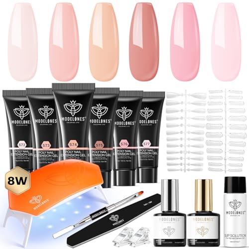 Modelones Poly Nail Gel Kit 6 Colors Extension Builder Enhancement Professional Starter Kit All-in-One Nail Technician French Kit