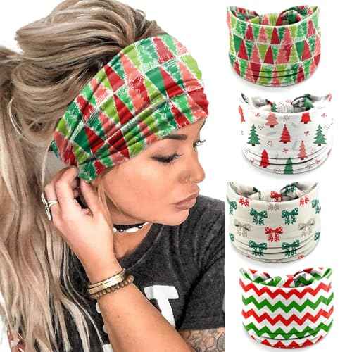 4Pcs Christmas Headbands for Women - Xmas Tree Holiday Hair Bands, Red Green Bow Festive Present Hair Accessories