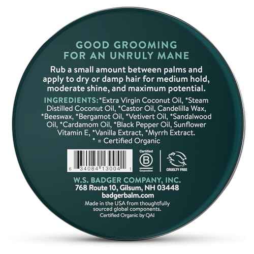 Badger Hair Pomade for Men, Organic, Easy to Use, Subtle Masculine Scent, Medium Hold Hair Pomade with Medium Shine Finish, Nourishes Hair & Scalp 2 oz Tin