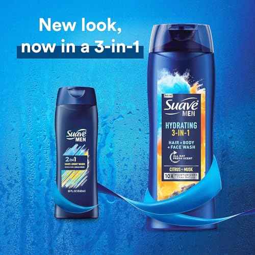 Suave Men Moisturizing Body, Face and Hair Wash, 3-in-1 For Hydrated Skin and Hair, Citrus & Musk scent, No Parabens, No Phtahaltes, 18 Oz Pack of 6