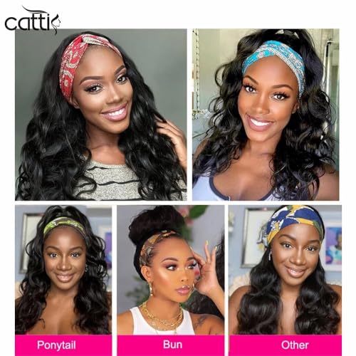 catti Body Wave Headband Wig Human Hair for Black Women Glueless None Lace Front Wigs Human Hair 9A Brizilian Virgin Hair Machine Made Headband Half Wigs Human Hair 150% Density (22" Headband wigs)