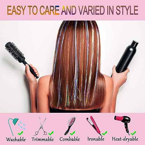 Hair Tinsel Kit,Galaxy Pattern Tinsel Hair Extensions,Single Strands Mixed Colors,Gold Silver Pink Ombre Effect,3-Tones Gradient Fairy Hair for Kids Girls(48 Inch Pack of 5Pcs, Galaxy)