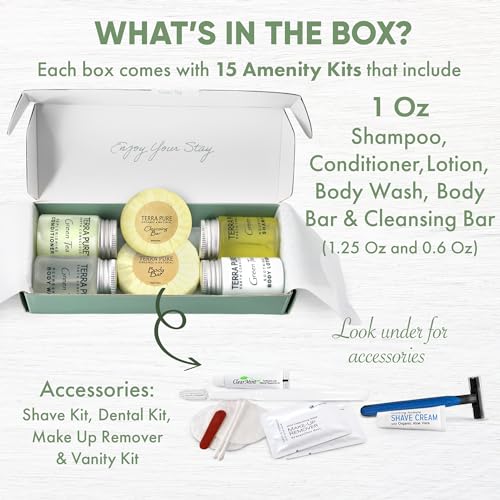 Terra Pure Green Tea Amenity & Accessory Kit | 1 oz Travel Size Shampoo, Conditioner, Lotion, Body Wash, 2 Soap Bars, Shave & Dental Sets, Make-Up Remover Wipes, & Vanity Kit | 15 sets per case