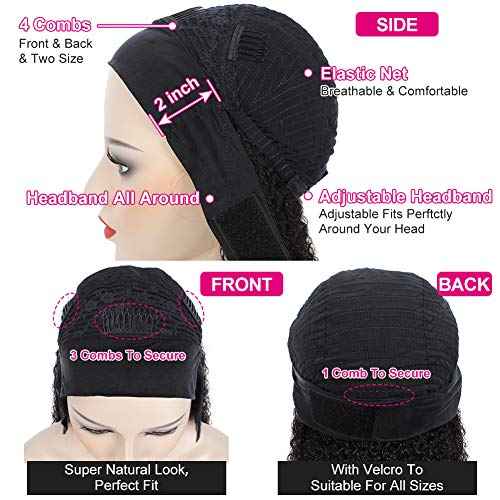 Eooma Curly Headband wig Human Hair 16 inch No Gel Kinky Curly Headband Wigs for Black Women 180 Density Scarf None Lace Front Wigs Human Hair