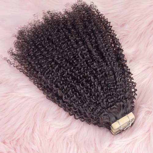 Invisible 4C Afro Kinky Curly Tape in Hair Extensions for Black Women Niawigs Black Color Real Human Hair Tape ins, 40PCS Double Sided PU Skin Weft 16 Inches