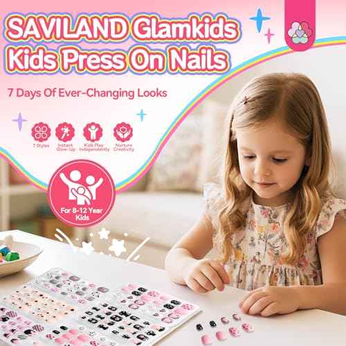 SAVILAND 7 Days Press on Nails for Kids: 168Pcs Children False Artificial Fake Nail Tips Sweet Edgy Pre-glue Full Cover Short Acrylic Nails with Nail Adhesive Tabs Gifts for Girls 8-12 Year (GlamKids)