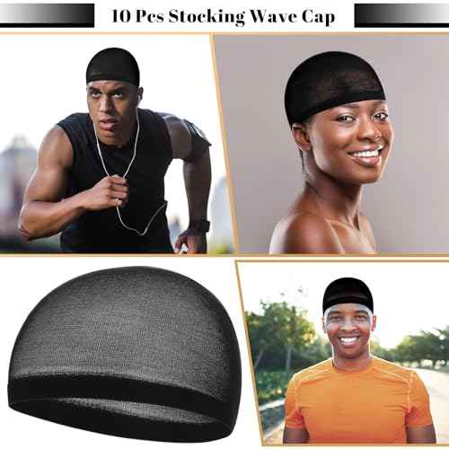 Ramede 10 Pcs Stocking Wave Cap for Men Adult Stretchy Nylon Skull Wave Lightweight Beanie Caps Waves for Man Women