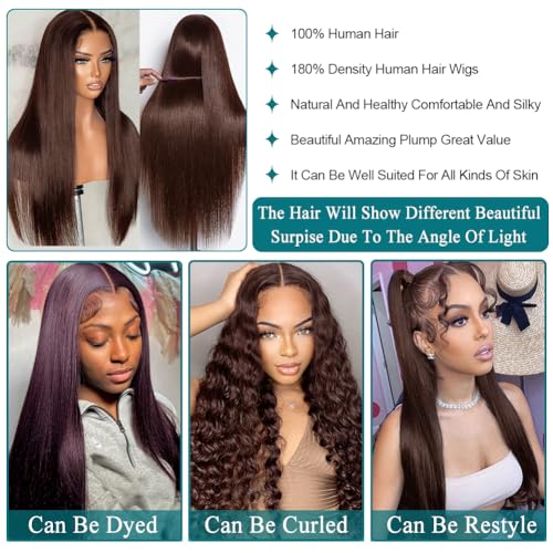 Azkiu 32 Inch Chocolate Brown Lace Front Wigs Human Hair 13x6 Straight HD Lace Front Wigs Pre Plucked Straight Human Hair 13x6 HD Frontal Human Hair Wig for Women 200 Density
