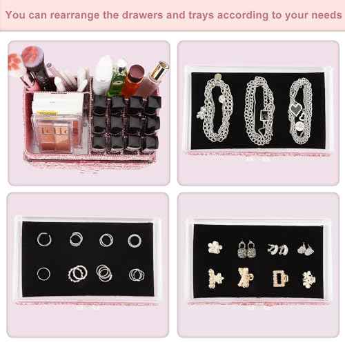 KEYPOWER Makeup Organizers Drawer Bling Diamond,Fashion Countertop Jewelry Cosmetic Storage Display Boxes,Makeup Brush Holder, Cosmetic Holder,2 Pieces Set(Purely Handmade)(Pink)