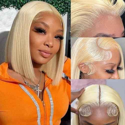 Blonde Bob Wig Human Hair 180% Density 613 Straight 10 Inch Short Bob Wigs 13x6 HD Transparent Lace Front Wig Human Hair Pre Plucked With Baby Hair Glueless 613 Blonde Lace Frontal Wigs For Women