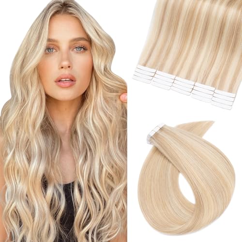 Benehair Remy Tape in Hair Extensions Human Hair Ash Blonde&Bleach Blonde Seamless Skin Weft Tape in Real Human Hair Extensions Straight Hair 20 Inch 50g #18P613 20 pcs